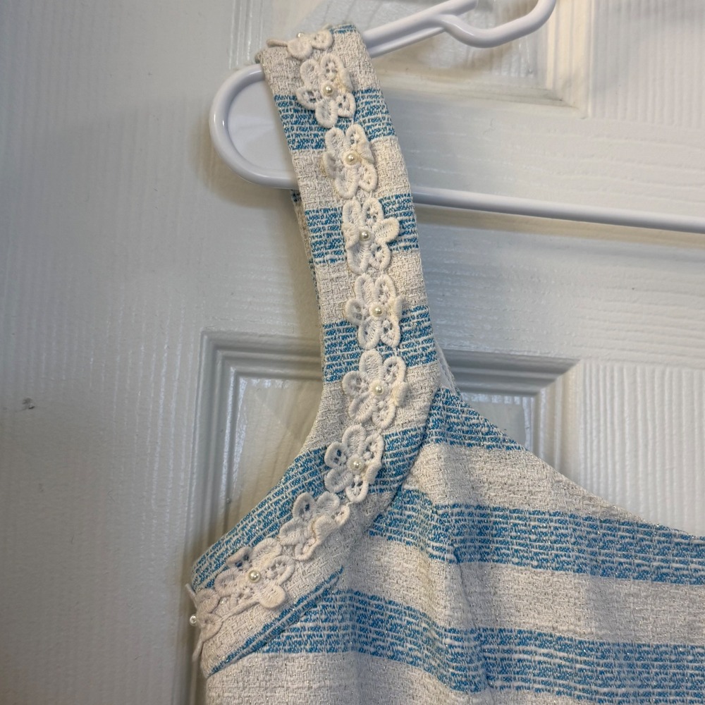 Lilly Pulitzer Blue White Striped Tweed Shift Dress Metallic Floral Lace Size 6 - Picture 2 of 7
